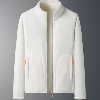 Veste polaire blanche à manches longues, avec fermeture éclair, et deux poches.