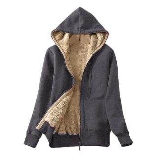 Veste blouson polaire gris, doublé de peluche toute douce beige, avec une capuche, qui se ferme avec une fermeture éclair.