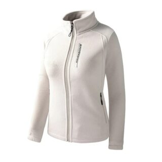 Veste polaire blanche avec écriture noir sur le côté gauche. Fermé par une fermeture éclair. Avec un col montant.