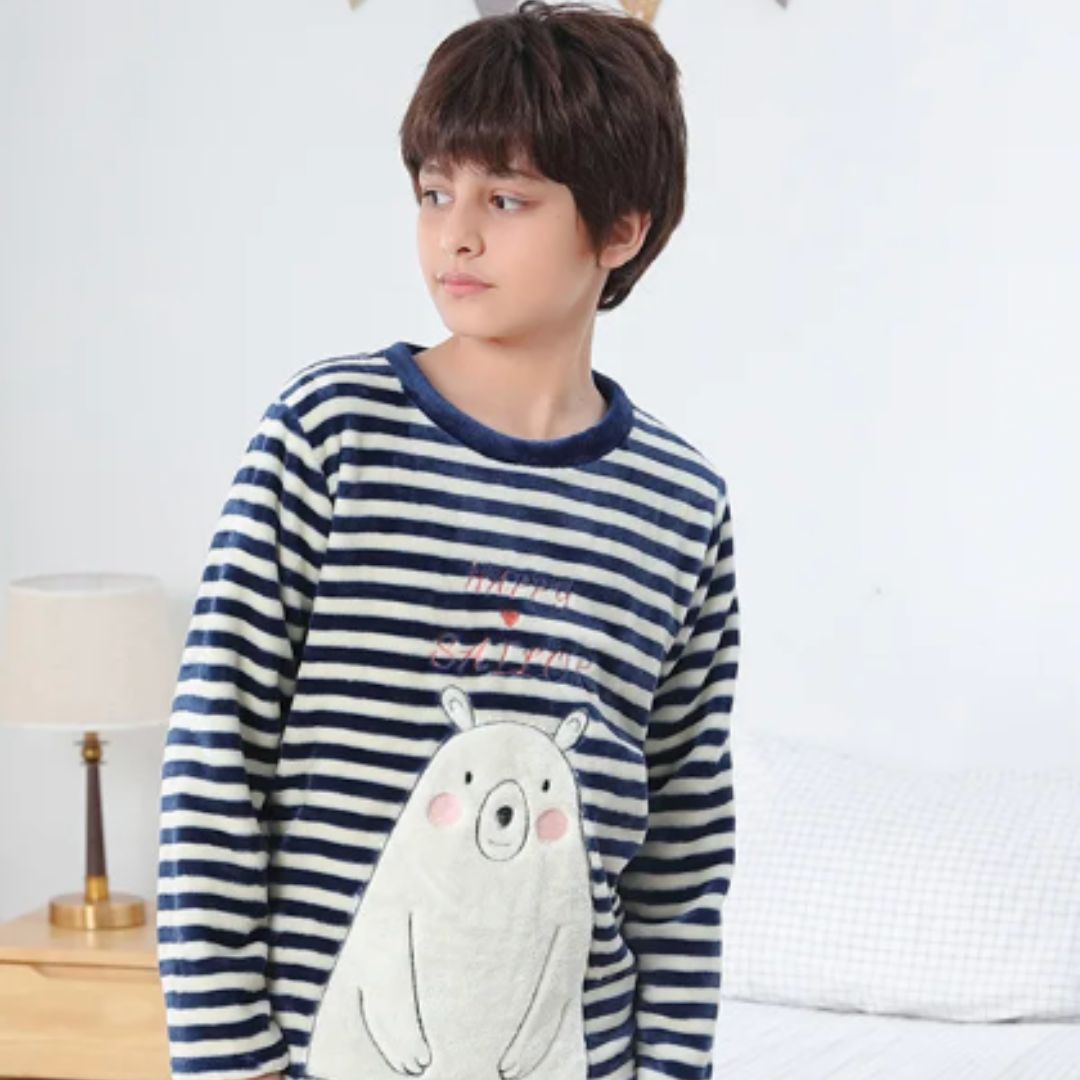 Pyjama polaire garçon à rayures ourson