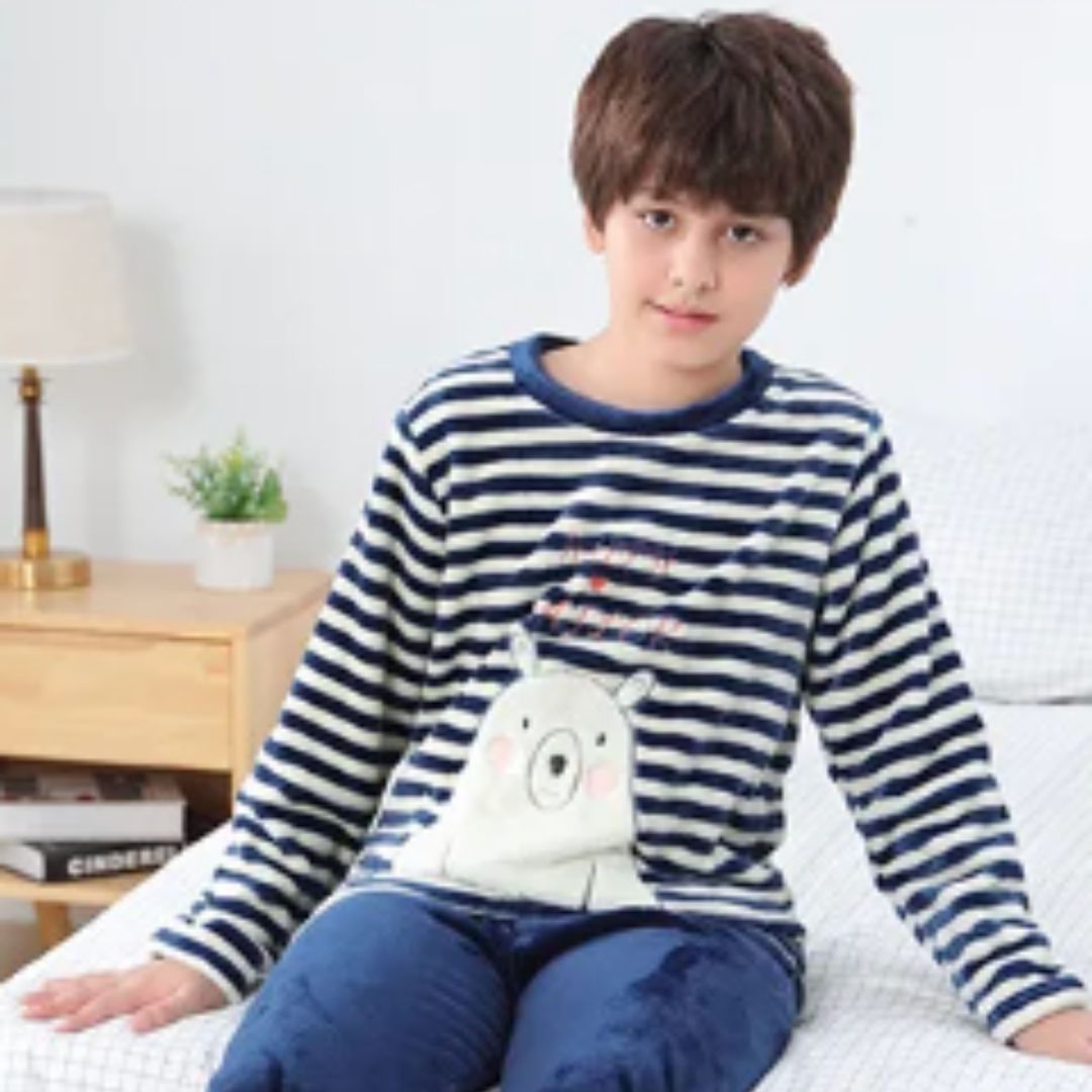 Pyjama polaire garcon à rayures ourson
